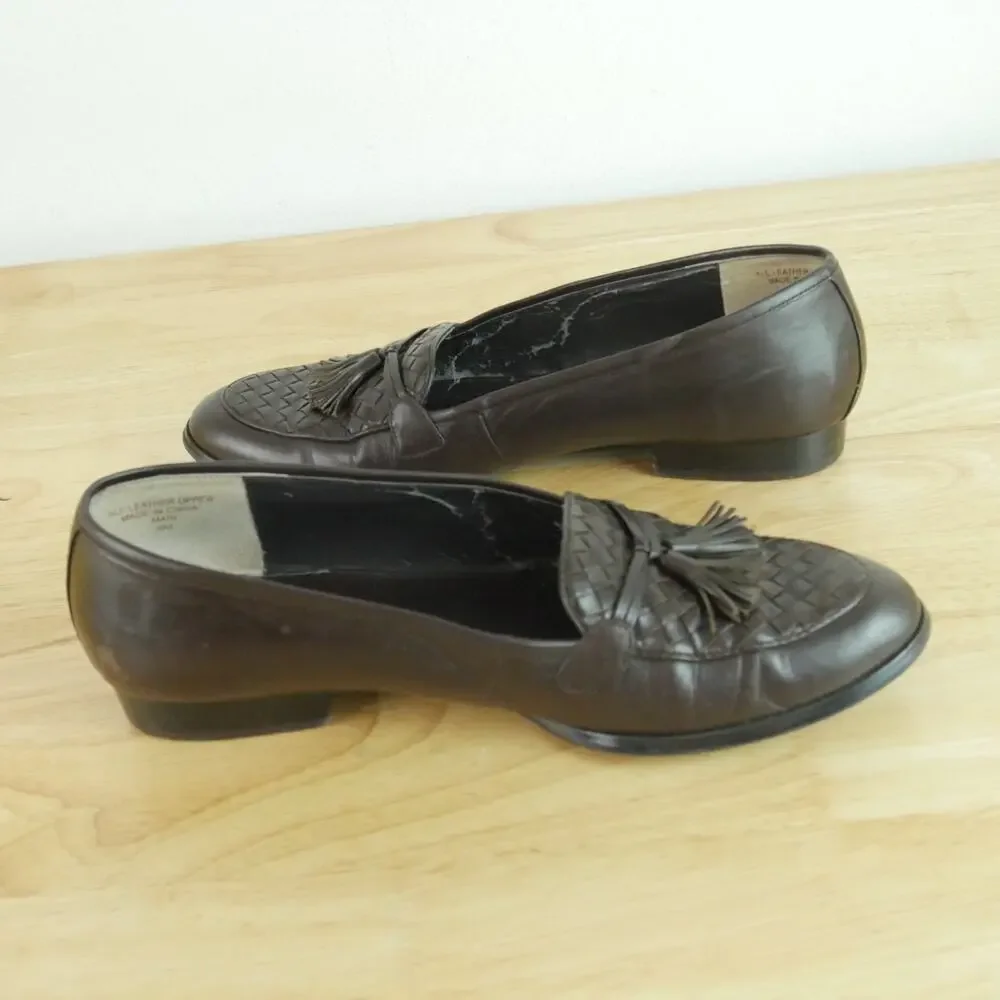 Vintage 8 Woven Leather Tassel‎ Loafers Preppy Slip On Flats Heritage Brown 90s